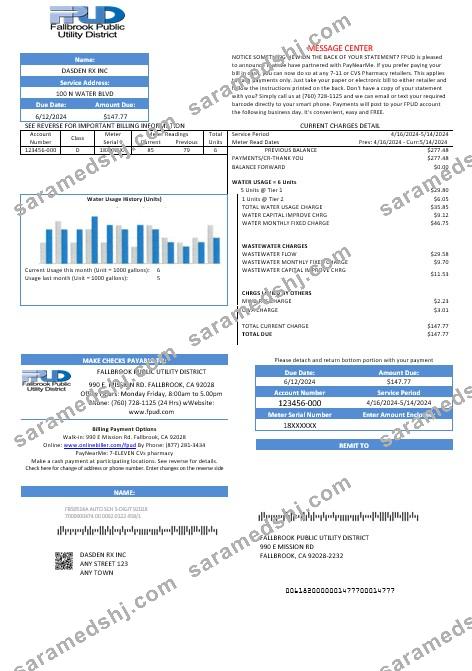 USA Fallbrook Public business utility bill template in Word and PDF formats